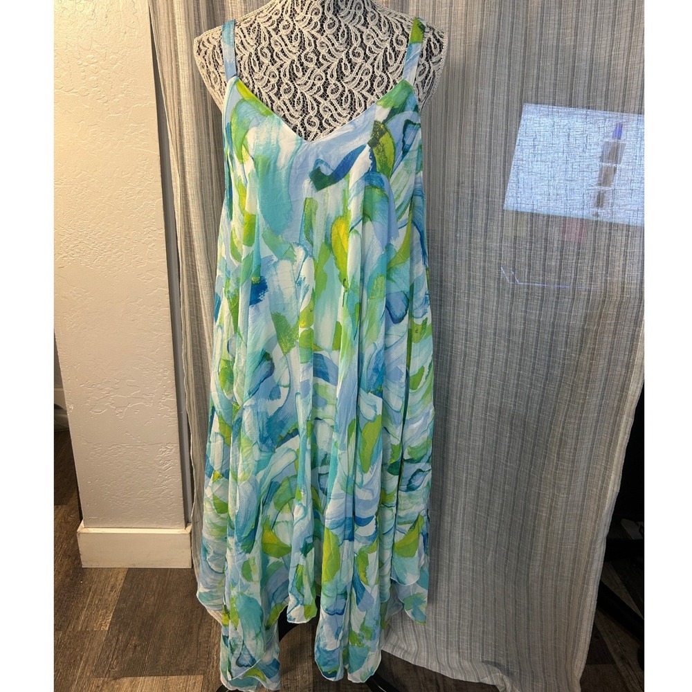 Maxi Dress Womens Large Blue Green Abstract Floral Spaghetti Strap Nina Leonard